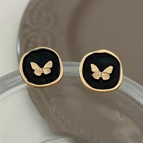 Jewelry - Vintage French Black Circle Butterfly Stud Earrings